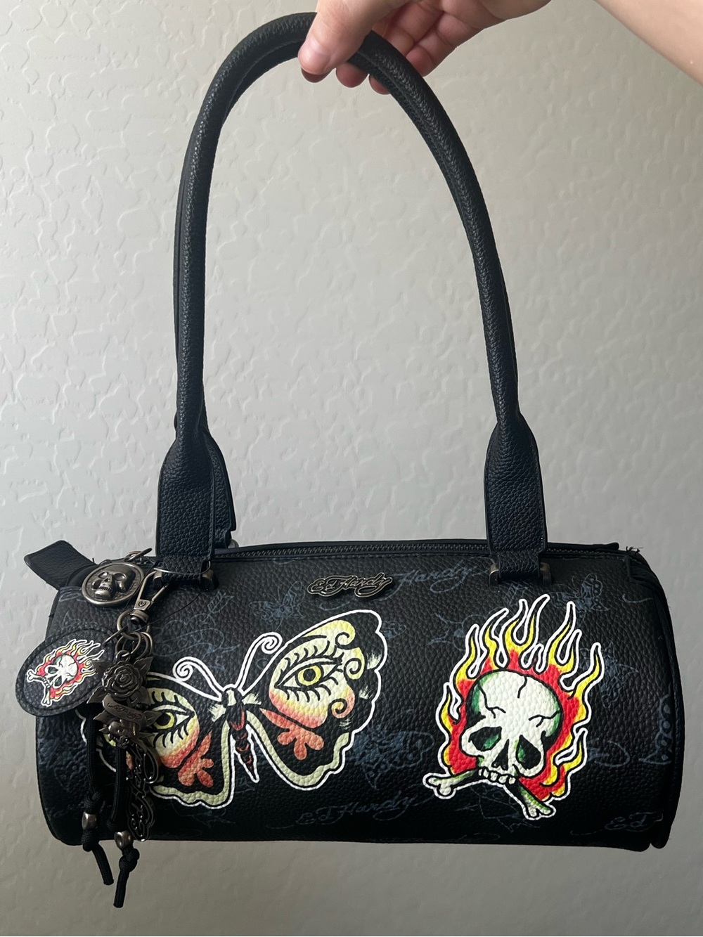 Y2K Ed Hardy Black Barrel Bag with Multicolor Butterfly & Flaming Skull